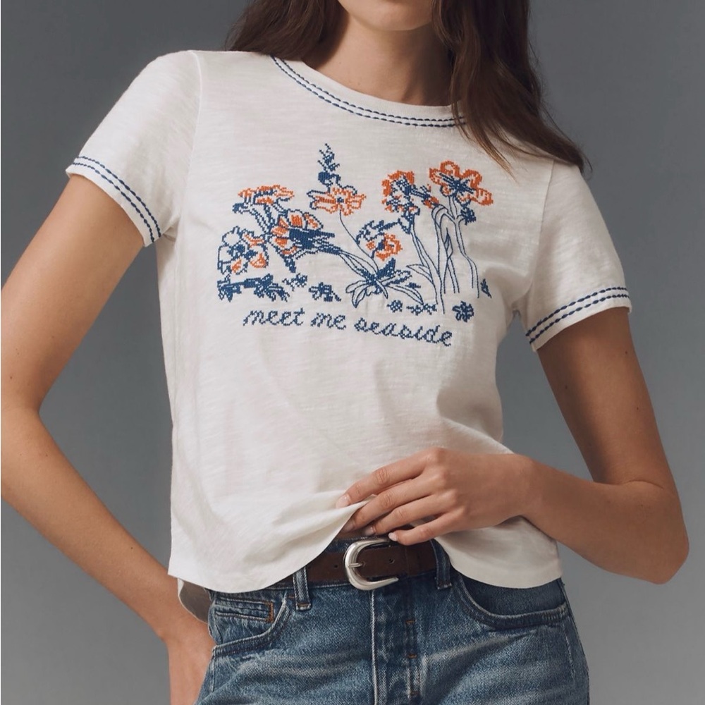 Anthropologie PILCRO White Tee with Orange and Blue Embroidery